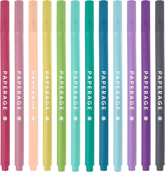 PAPERAGE Felt Tip Fine Point Pens (0.4mm), 12 Pack, Colored Pens For Journaling, Notebooks, Planners, Calendars & Drawing, Great for School, Office, & Home (Pastel)