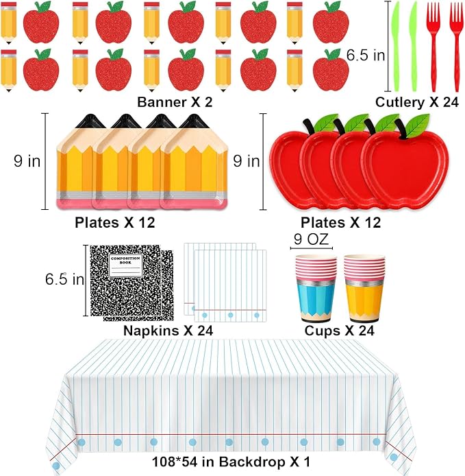 QIYANPAX 122Pcs Back to School Decorations Includes Apple Plates, Pencil Plates, Napkins, Forks, Cups, Banner and Tablecloth for First Day of School Decorations, Serves 24