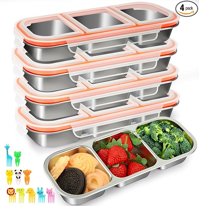 JUJOJB Snack Containers, 4 Pack Stainless Steel Bento Box With Lids,Leak Proof Metal Lunch Box with 3 Compartments,Reusable Lunch Meal Prep Containers for office,Work,Travel For Adults Little One