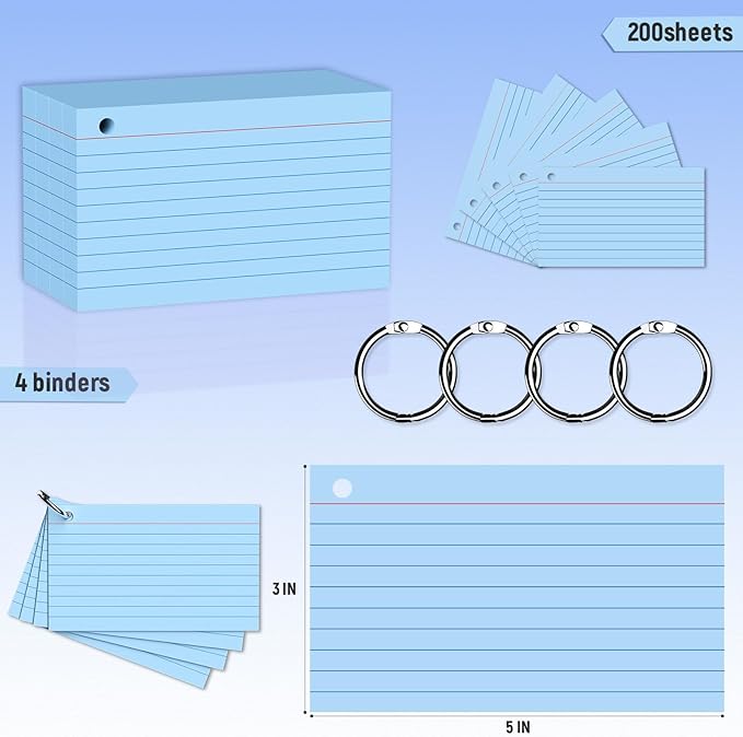 200 Count 3 x 5 Inch Blue Index Cards with Binder Rings, Lined & Blank Study Cards, Thick Cardstock Flash Cards for Students & Teachers, Color-Coded Notecards for School, Home, Work