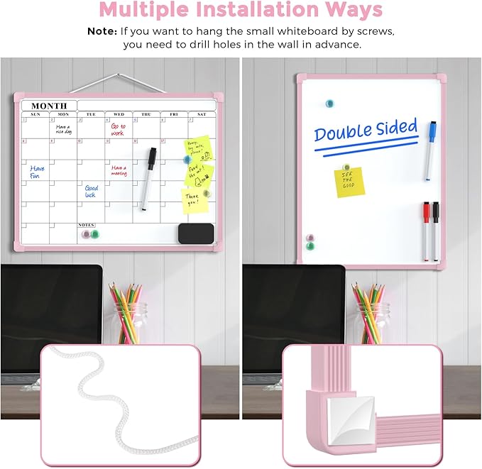 MaxGear Monthly Calendar Dry Erase Board for Wall, 16"x12" Small Hanging Double-Sided White Board, Portable Whiteboard for Planning, Drawing, Memo, to Do List, School, Home, Office, Pink Frame