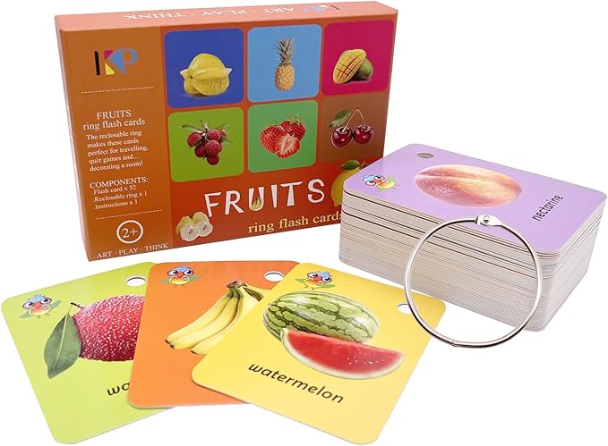 52 Pcs Kids Fruit Flash Cards Gift for Toddler Sight Words with Pictures Preschool Flash Cards Kindergarten Learning Activities with Rings (Fruit)
