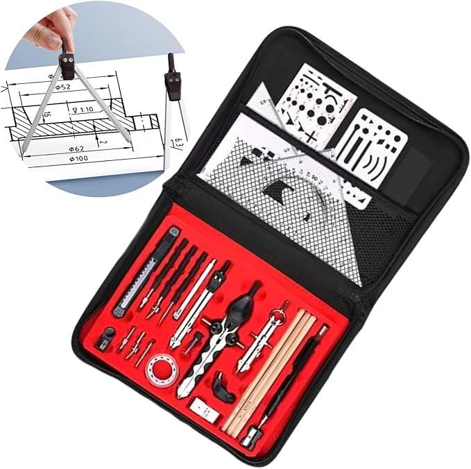 School Geometry Tool Set, Including Metal Geometry Tool, Divider, Set Square, Pencils, Eraser, Sharpener, Storage Bag