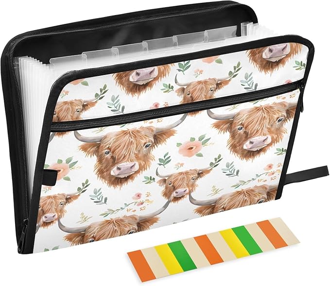 Watercolor Floral Highland Cows Pattern 13 Pocket File Organizer Expanding File Folder with Front Pouch Portable Business File Storage Document Organizer Folder with Zipper