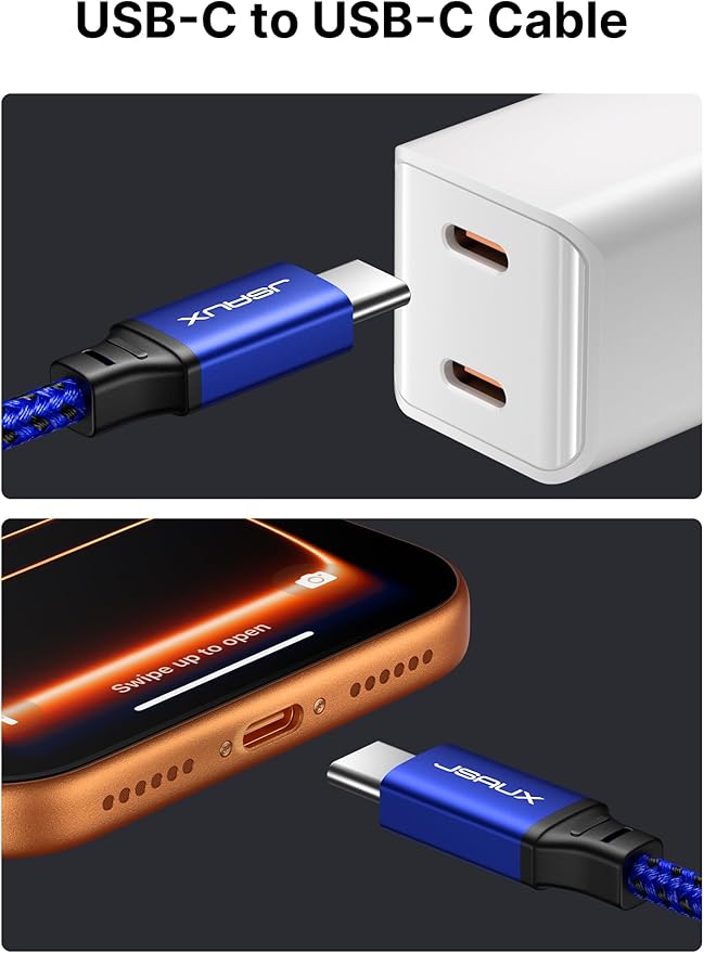 JSAUX 100W USB C to USB C Cable [2-Pack 10FT], Type C Fast Charging Cord for iPhone Air/iPhone 17/iPhone 17 Pro/iPhone 17 Pro Max, iPhone 16/15 Series, Galaxy S/Note Series, MacBook, iPad - Blue
