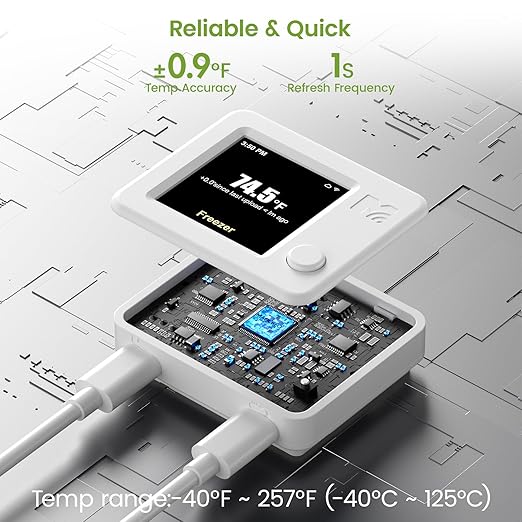 WiFi Freezer Alarm & Refrigerator Thermometer, App & Email Alerts | Garage, deep & chest freezer alarm, Still alerts on power outage or WiFi loss, +/-0.9F at -40F, flat door-seal probe, no hub