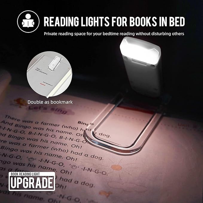 EGWASER Book Reading Light, Portable USB Rechargeable LED Clip on Book Lights for Reading in Bed, 3 Brightness Adjustable Dimmable Bookmark Light for Eye-Protection, Reading Lamp (White)