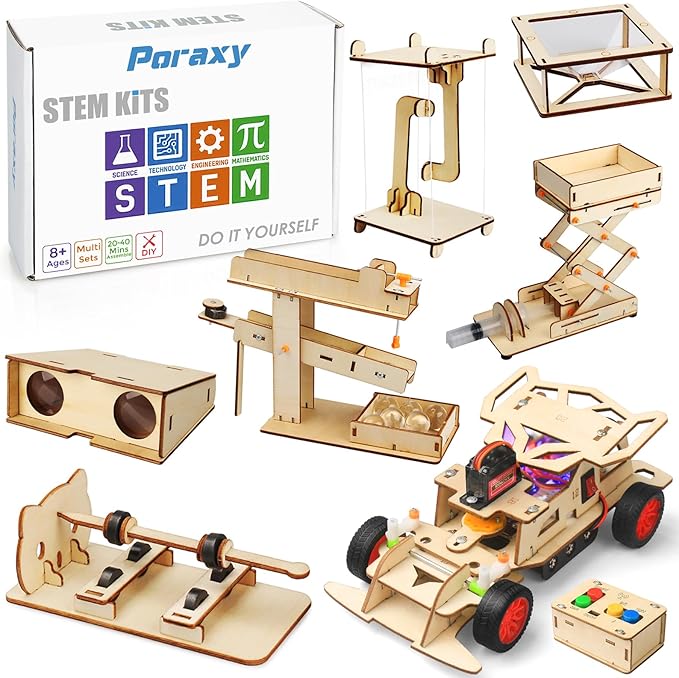 Poraxy 7 Sets Model Car Kits for Boys 8-12, STEM Kits for Kids Age 8-12, Science Toys for Kids Age 5-7, Birthday Gifts 7 8 9 10 11 12 13 Yr Old Boys Girls Wood Building Crafts Kits 6-8
