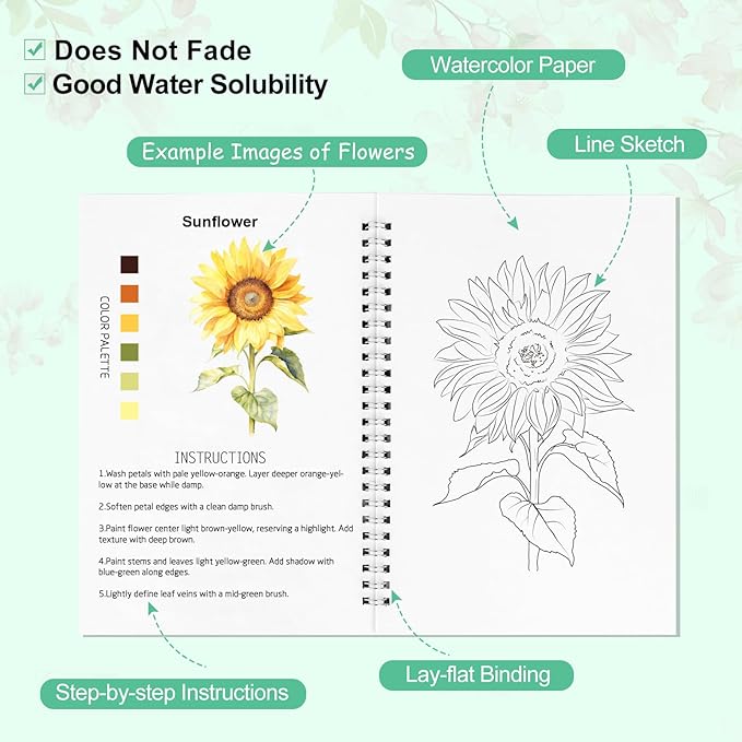 Floral Watercolor Workbook for Beginners with 24 Colors Paint Set – Water Coloring Book with 12 Flower Designs, Step-by-Step Painting Guide, Relaxing Watercolor Workbook Art Kit for Adults