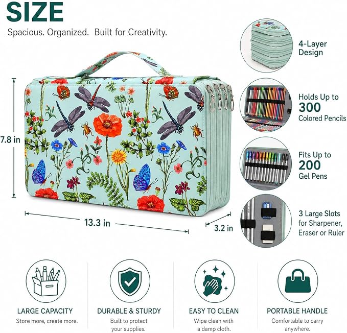 300 Slots Colored Pencil Case Organizer, 4 Layer Bag | Twill Oxford fabric,103 elastic loops,detachable handle,for travel,home storage,drawing tools,creative gifts