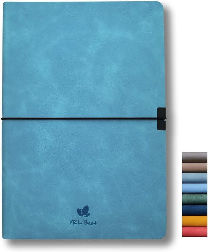 Softcover Bullet Notebook Journal, Dotted/Dot Grid, A5, 5.8x8.3 Inches, Premium Faux Leather, Creamy Thick Paper, Sewn Bound, Elastic Band, Inner Pocket, Pen Loop, Lays Flat, Azure