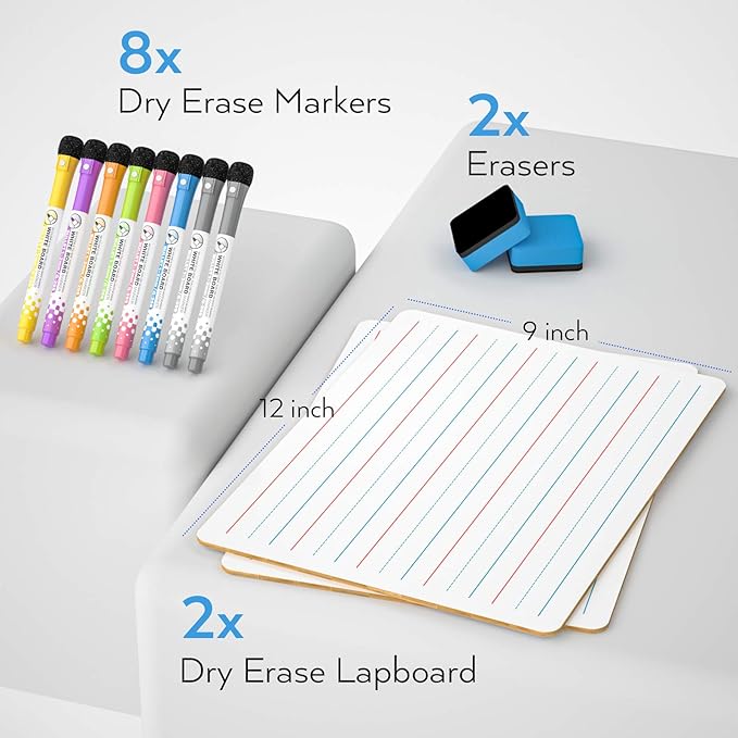 Nicpro Dry Erase Lap Board 9 x 12 inches 4 Pack Ruled Kid Double Sided Blank & Lined Small Lapboard with 8 Pens, 2 Eraser, Learning Mini Whiteboard Portable for Student and Classroom Use