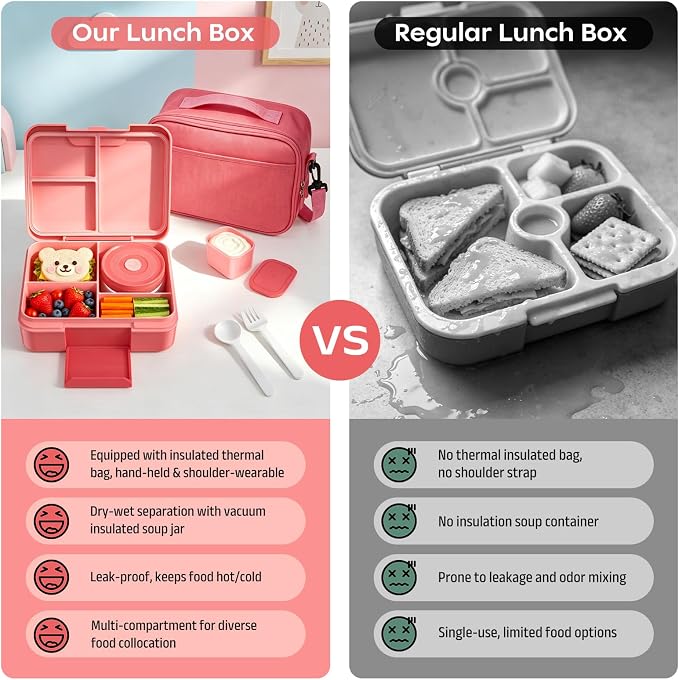 Bento Lunch Box Set for Kids with 8.5oz Hot Food Jar Leak-Proof Lunch Food Container with Insulated Lunch Bag for Toddlers Girls Boys Teens to School, Office, Picnic, Camping, Travel - Pink