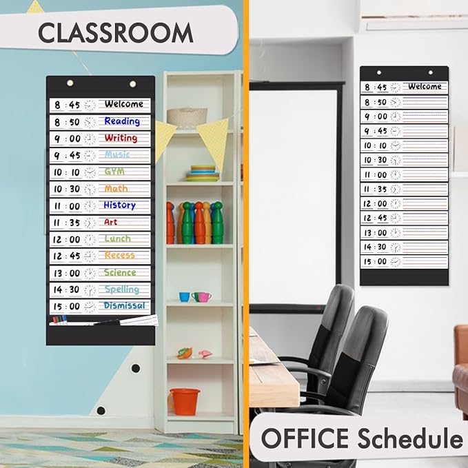 Daily Schedule Pocket Chart, 13+1 Pockets Visual Classroom Schedule Pocket Chart, 18 Double-Side Dry Erase Cards Routine Calendar for Classroom, Office, Home Teacher Supplies (Black)