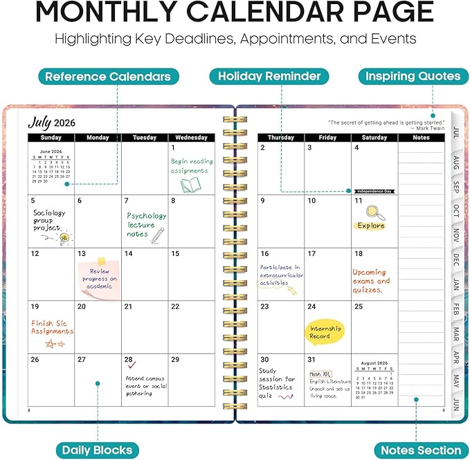 Planner 2026–2027, Academic Monthly Weekly Spiral Calendar, July 2026 – June 2027, Hardcover Agenda Notebook with Tabs, 6.3" x 8.5", Perfect for Students, Teachers, School & Daily Planning - Galaxy Flow
