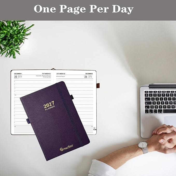 2027 Daily Planner/Calendar, One Page Per Day, Daily Monthly Agenda Planner with Time Slots and Monthly Tabs, Jan - Dec 2027, 5.7" x 8.25" Appointment Book, Pen Holder, Leather Cover (Dark Grey Blue)