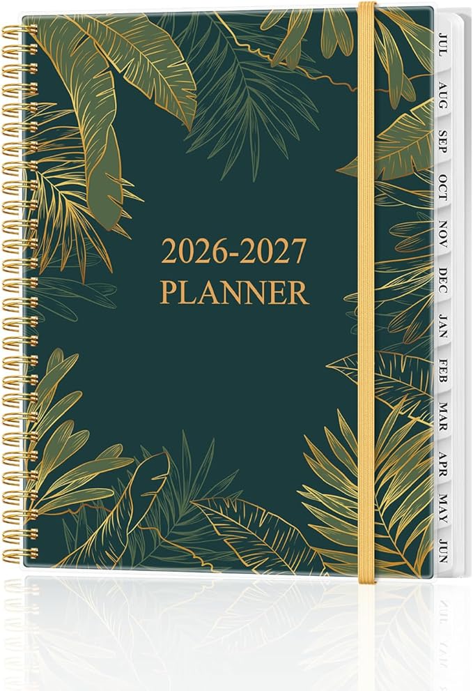 Planner 2026-2027 - Weekly & Monthly Planner from July 2026 to June 2027, Agenda 2026 2027 with Inner Pocket, Elastic Band, 8.5" x 11", Green Gold Leaf