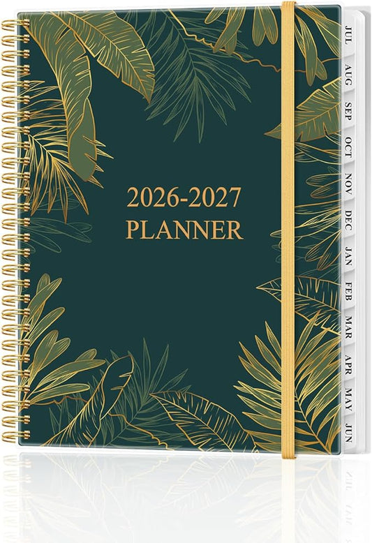 Planner 2026-2027 - Weekly & Monthly Planner from July 2026 to June 2027, Agenda 2026 2027 with Inner Pocket, Elastic Band, 8.5" x 11", Green Gold Leaf