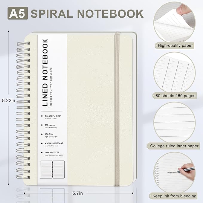 ABERLLS Lined Spiral Journal Notebook with 160 Pages, 8×5.7in, A5 Spiral Notebook, Journaling Notebooks for Work, School, Women, Men, College Ruled Spiral Notebook, Hardcover Leather Journals, Beige