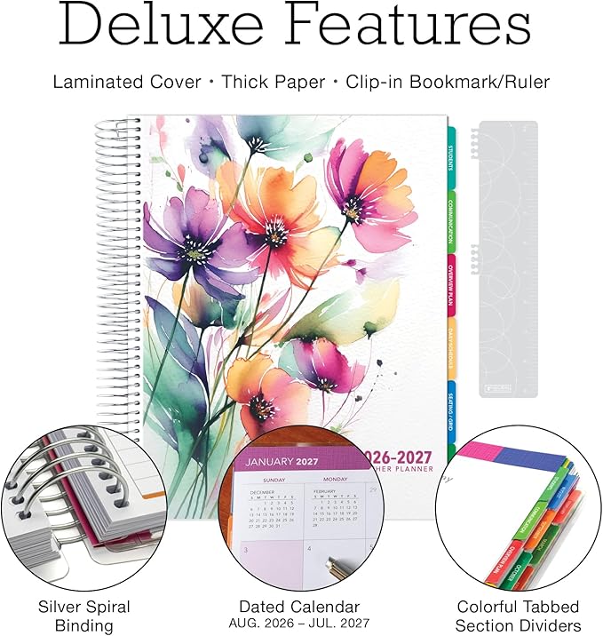 DELUXE TEACHER PLANNER Aug 2026-Jul 2027 8.5x11 Daily Weekly Monthly Organizers with 7 Periods, Pocket Folder, Dated Calendar, Page Tabs, Bookmark and Planning Stickers (Rainbow Floral)