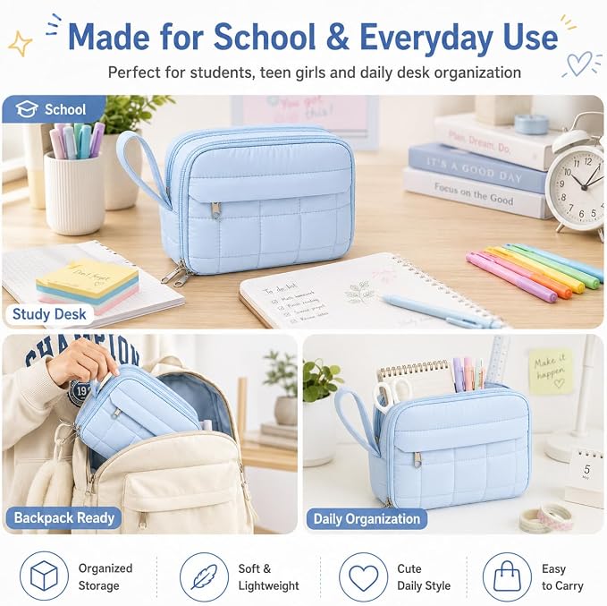 Puffer Quilted Pencil Pouch for Women, Large Capacity Organizer Bag with Multiple Compartments, Cute Aesthetic Pencil Case for Office, Travel & Daily Essentials(beige)