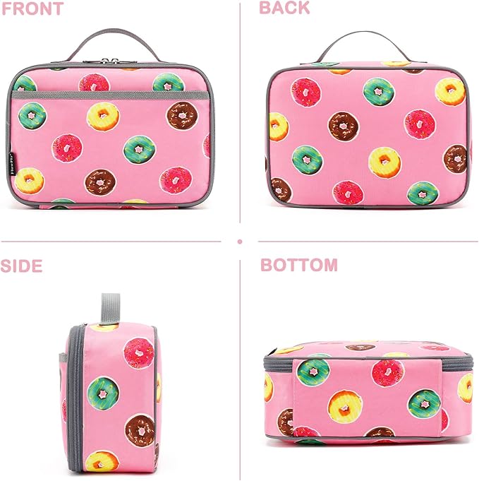 FlowFly Kids Lunch box Insulated Soft Bag Mini Cooler Back to School Thermal Meal Tote Kit for Girls, Boys, Doughnut