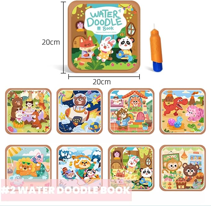 FZRMU Toddler Water Doodle Book Set for Ages 1-3, Mess Free Travel Activity Set with 2 Reusable Water Coloring Books, 1 Sticker Busy Book, Water Pens & Cards, Learning Toy for Car Rides Airplane