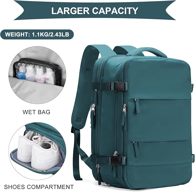 coowoz Large Travel Backpack For Women Men, Carry On Backpack,Hiking Backpack Waterproof Outdoor Sports Rucksack Casual Daypack Expandable Heavy Duty Extra large Backpack Peacock Blue