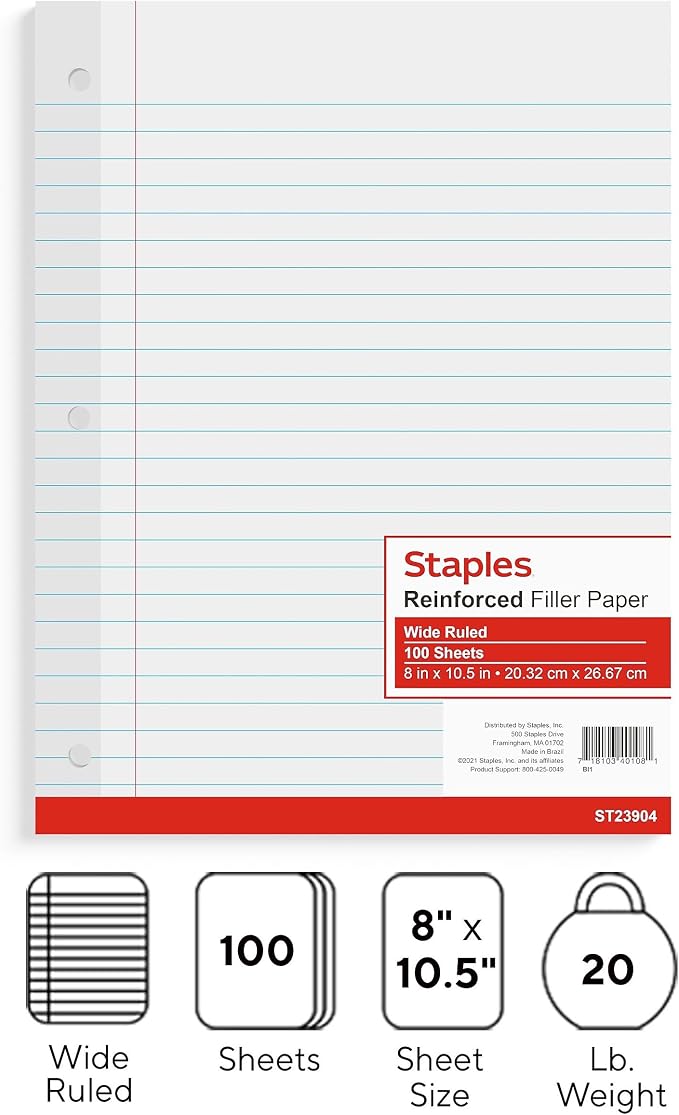 Staples Wide Ruled Filler Paper, 8" x 10.5", White, 100 Sheets/Pack, 3/Pack