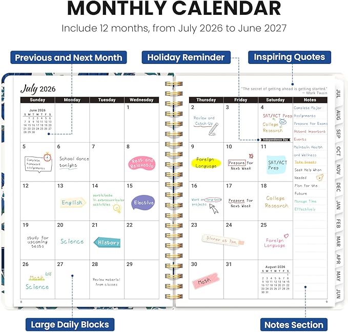 Planner 2026-2027, Academic Planner Weekly and Monthly, Jul 2026 - Jun 2027, Spiral Bound School Planning Tool with Tabs and Pocket, Perfect for Students & Teacher, 8.5" x 11", Cobalt Florals