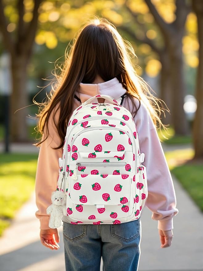 PRLINJSK Girls Backpack for College High Middle School Student, Cute Aesthetic Bookbag for Teens Women with Accessories, Beige Strawberry