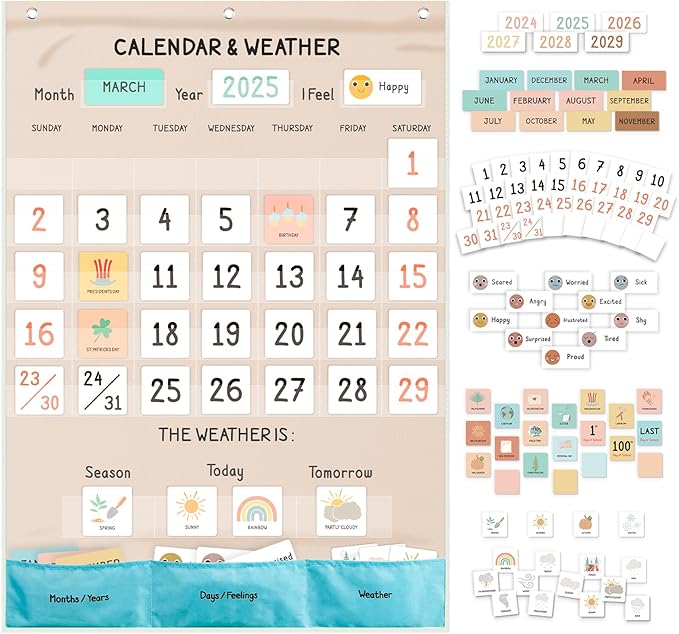 Classroom Boho Calendar & Weather Pocket Chart with 111 Cards, Circle Time Learning Center for Kids and Toddler, Preschool Must Haves!