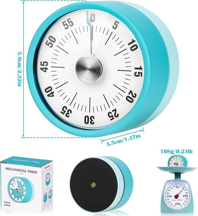 Kitchen Timer, 60-Minute Visual Timer for Kids & Adults, Wind Up Timer with Magnetic Backing, Loud Ring Timers for Classroom, Study, Cooking, Exercise