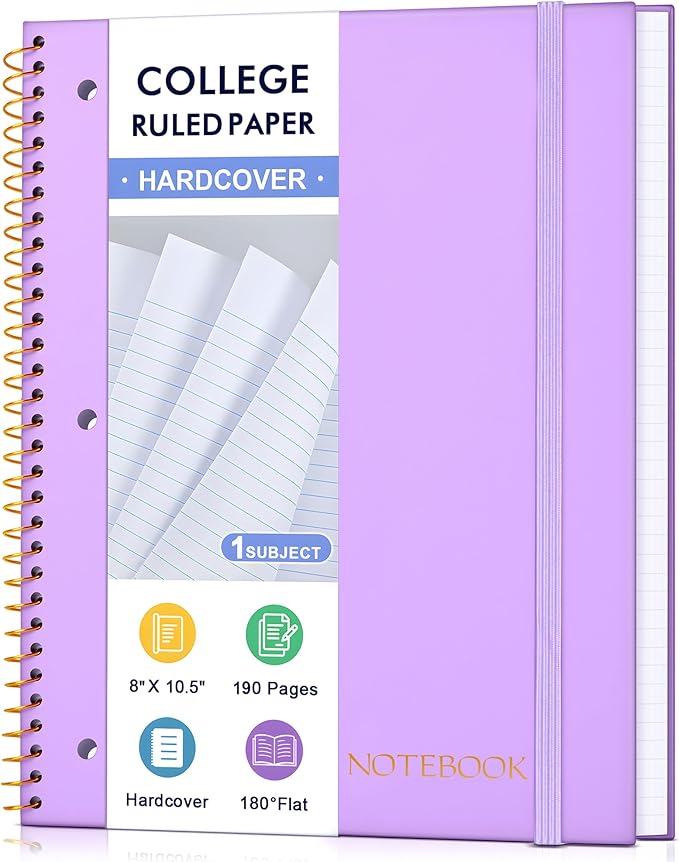 MUAHLIUB Spiral Notebook College Ruled Paper 8" x 10-1/2", 1 Subject Spiral Notebook, 3-Hole Punched Perforated Pages Ideal for School, Office, Writing, 95 Sheets Lined Journaling Notebook, Purple