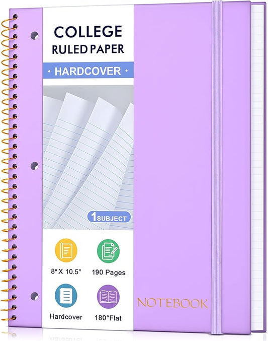 MUAHLIUB Spiral Notebook College Ruled Paper 8" x 10-1/2", 1 Subject Spiral Notebook, 3-Hole Punched Perforated Pages Ideal for School, Office, Writing, 95 Sheets Lined Journaling Notebook, Purple