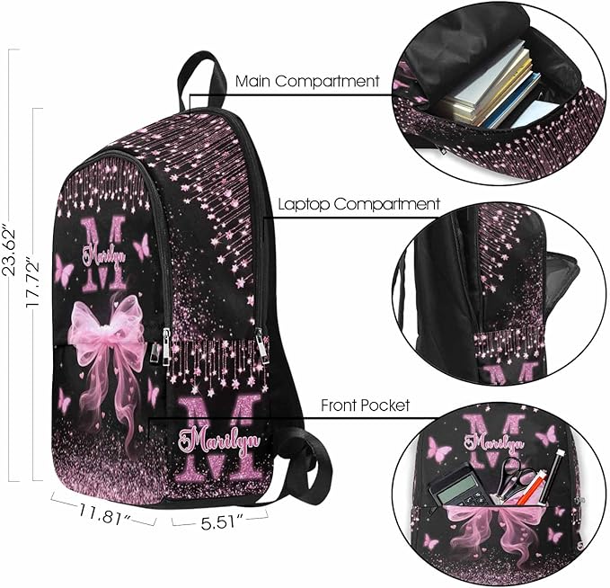 M YESCUSTOM Personalized Girls Backpack Lunch Bag Butterfly Custom Bookbag for Girls Kids Backpack Elementary Preschool School, Waterproof Daypack for Girl Travel Bag Water Bottle