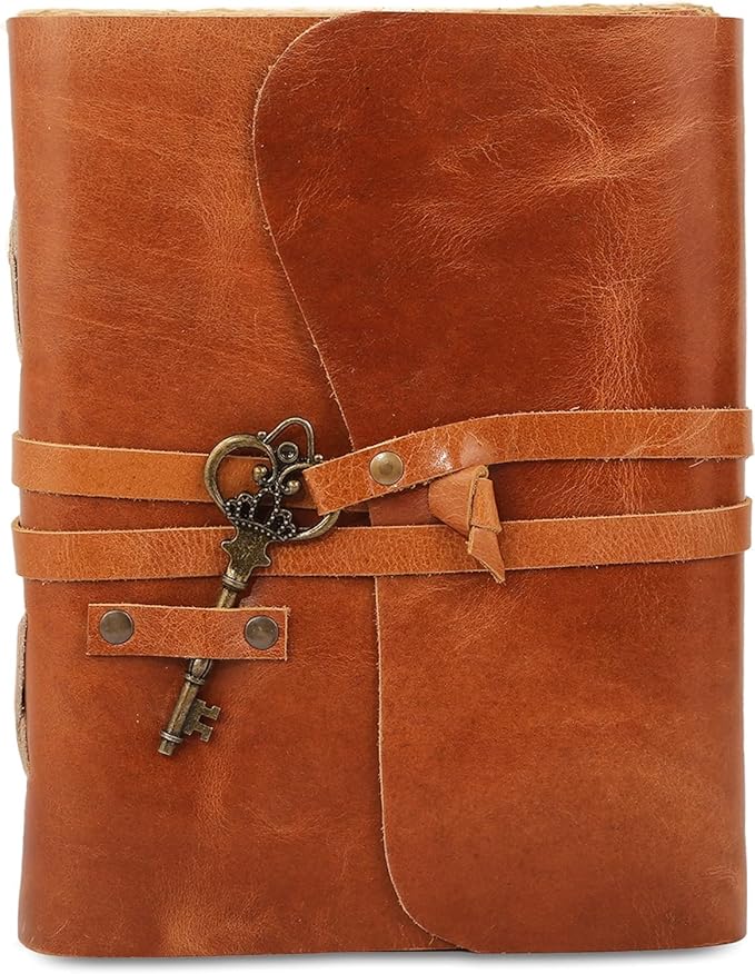 Leather Journal with Deckle Edge Paper 8x6 inch and Vintage Key | Handmade Writing Notebook Diary | Bound Daily Notepad for Men & Women Medium, Sketch/Writing pad for Artists