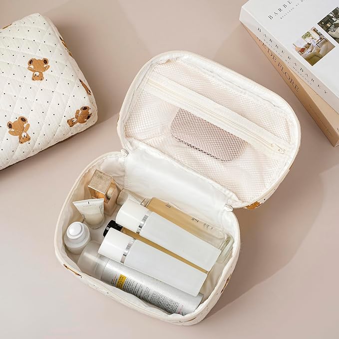 uekeboag Large Travel Quilted Makeup Bag for Women | Soft Floral Cotton Cosmetic Bag, Foldable Coquette Aesthetic Toiletry Organizer