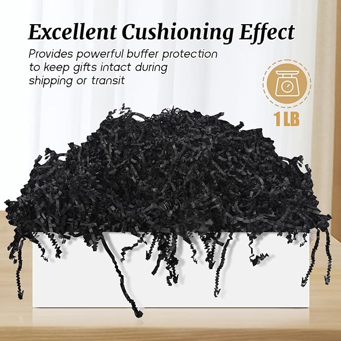 1 LB Black Crinkle Cut Paper Shred Filler, Shredded Paper Filling for Gift Basket, Filler Paper for Birthday, Wedding, Anniversaries