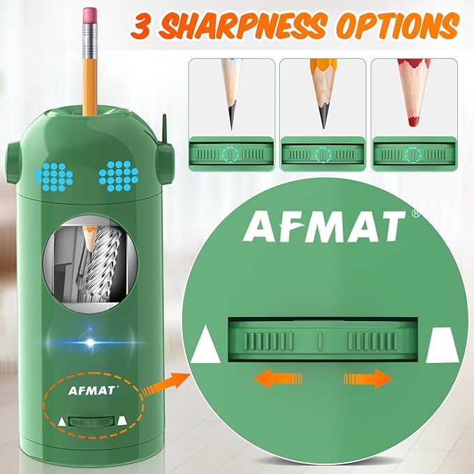 AFMAT Electric Pencil Sharpener, Fully Automatic Colored Pencil Sharpener for 7-11.5mm Pencils, Auto in &Out, Robot Pencil Sharpeners for Kids, Rechargeable Hands-Free with Dotted Eyes, PSX5ET, Green