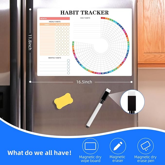 Habit Tracker Calendar Magnetic Whiteboard for Refrigerator Daily Weekly and Monthly Goal and Habit Tracker Motivational Goal & Planner Journal (Colorful)