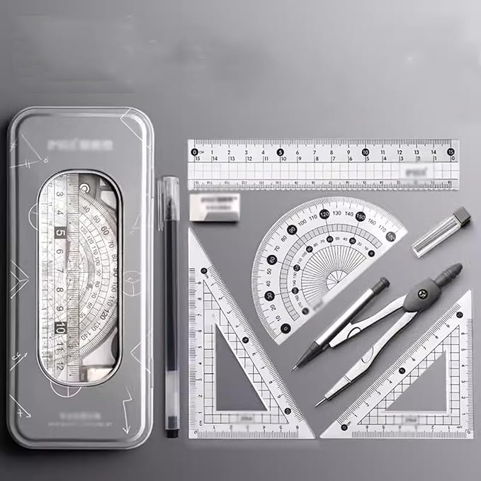 Compass Geometry Tool Math Geometry Kit Set, 8 Pieces, with Storage Box, Student Supplies Drawing Compasses, Including Protractor, Ruler, Compass, Refill, Pen, Eraser Drafting Tools Geometry Tool Set