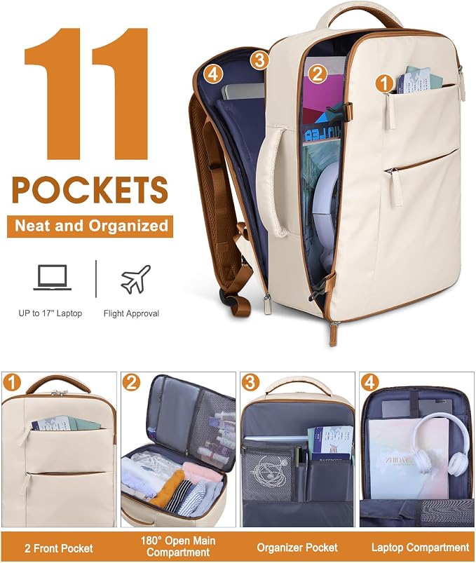 Capolo Travel Backpack for Women Men Waterproof Laptop Backpack Airlines Approved Carry On Backpack Bag Computer Bookbag for Business, Work, Traveling Fits 17 Inch Laptop(Beige &Brown Zipper)