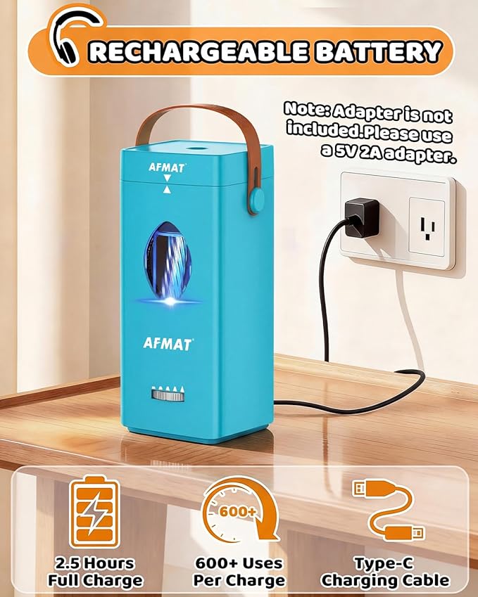AFMAT Electric Pencil Sharpener, Fully Automatic Pencil Sharpener for 6-12mm No.2/Jumbo Pencils, Auto in & Out, 5 Sharpness Modes, Rechargeable Heavy Duty Sharpeners for Classroom/Home/Office PSC7