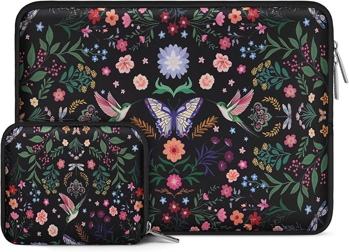 MOSISO Laptop Case 16 inch, 15-15.6 inch Laptop Sleeve Bag Compatible with MacBook Pro 16 M5 M4 M3 M2 M1, HP Acer Dell Lenovo ASUS, Neoprene Hummingbird Plants Flowers Bag with Small Case, Black
