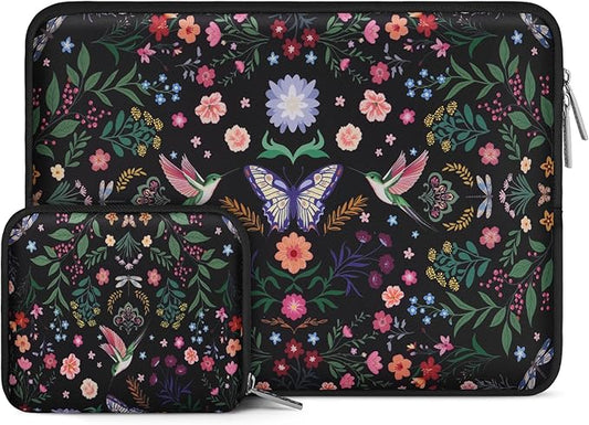 MOSISO Laptop Case 13.3 inch, 13-14 inch Laptop Sleeve Bag Compatible with MacBook Air/Pro 13/Pro 14, HP Dell ASUS Lenovo, Neoprene Hummingbird Plants Flowers Computer Bag with Small Case, Black