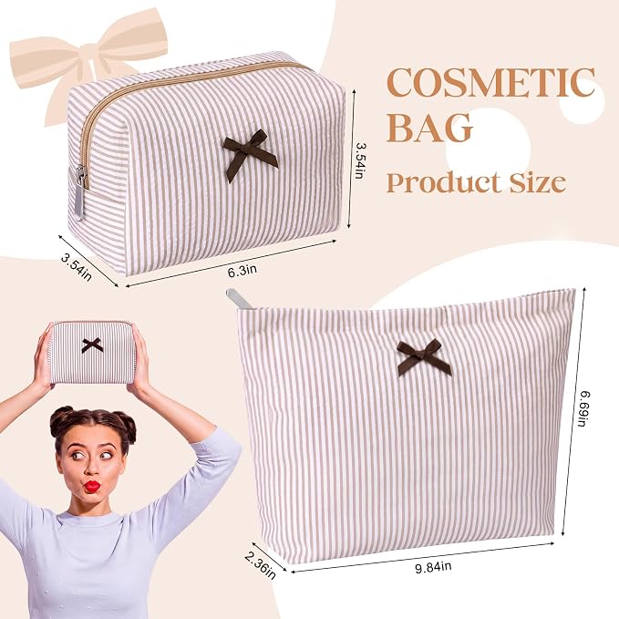 Huhumy 2 Pcs Bow Tie Makeup Bag Set, Stripe Cosmetic Pouch for Women, Seersucker Travel Toiletry Bag, Preppy Makeup Purse Pouch, Aesthetic Skincare Brushes Storage Organizer for Women Gifts (Khaki)