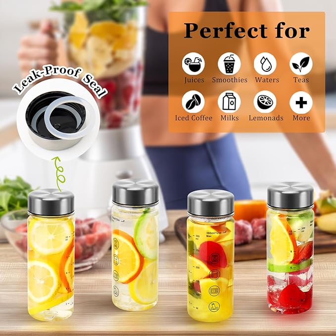 4 Pack Plastic Juice Bottles with Caps - Wide Mouth Resuable Clear Plastic Water Bottles for Juicing,Smoothie,Protein, Beverage,Storage Containers,BPA Free,Leakproof Stainless Steel Lid(12 Ounces)
