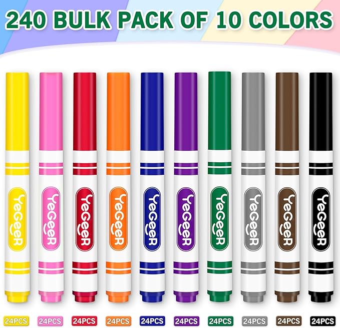 YEGEER Washable Markers Bulk, 10 Assorted Colors, 240 Count Washable Markers for Kids, School and Teacher Classroom Supplies, Coloring Marker for Ages 3+ Year Old Boys Girls
