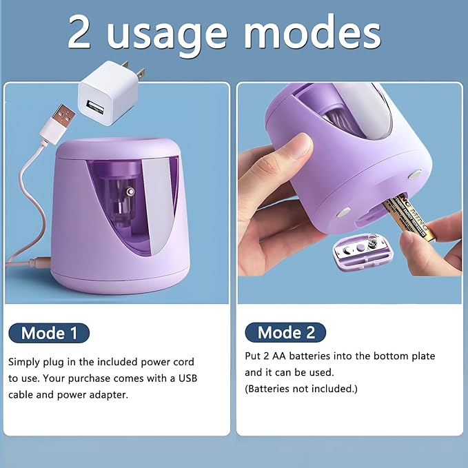 FASTSHARP Electric Pencil Sharpener, 3-5 Seconds Auto Stop, [Dual Power AC Power Cord & Battery] for Classroom & Home, Professional Heavy Duty for Colored, No.2, Art Pencils (6-9mm), Purple